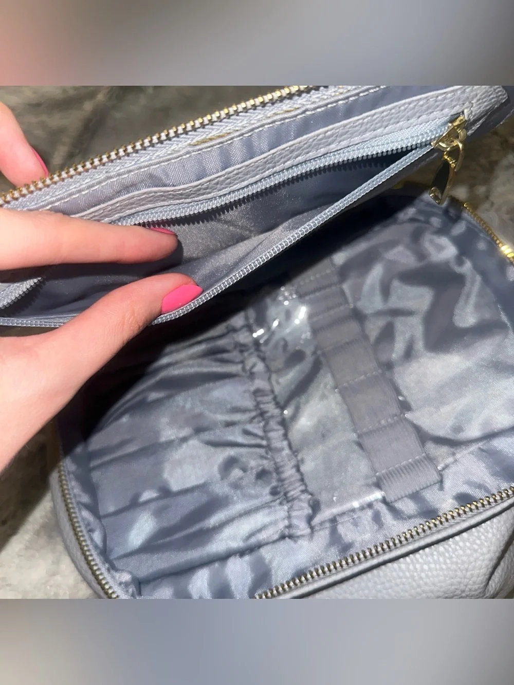 Grey leather double layer makeup bag